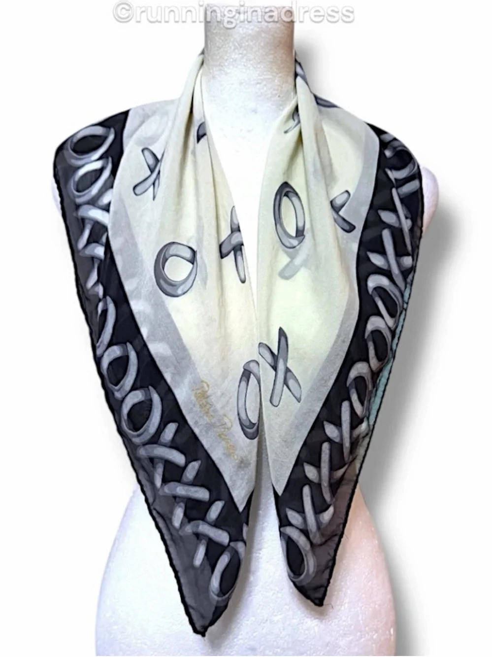 Vintage Paloma Picasso XOXO Silk Scarf Black Beige Hugs & Kisses Italy